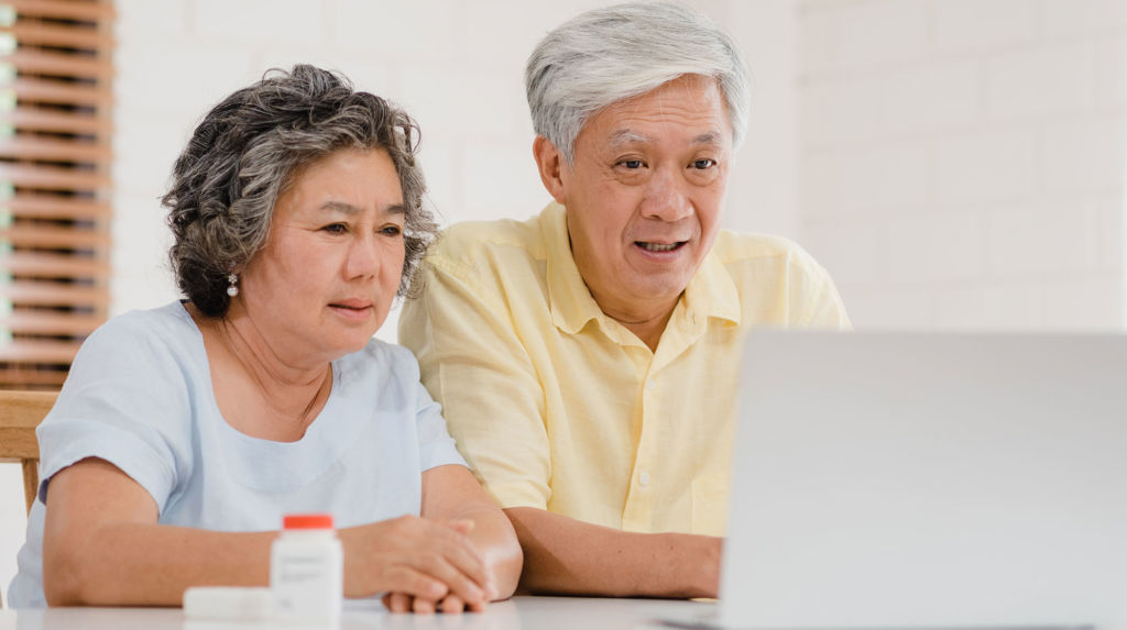 an older couple does research on a laptop computer