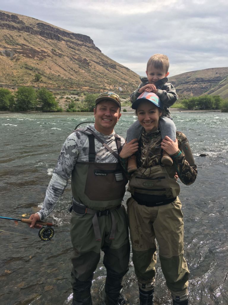 Anne Jeffery and husband and son on fly fishing adventure