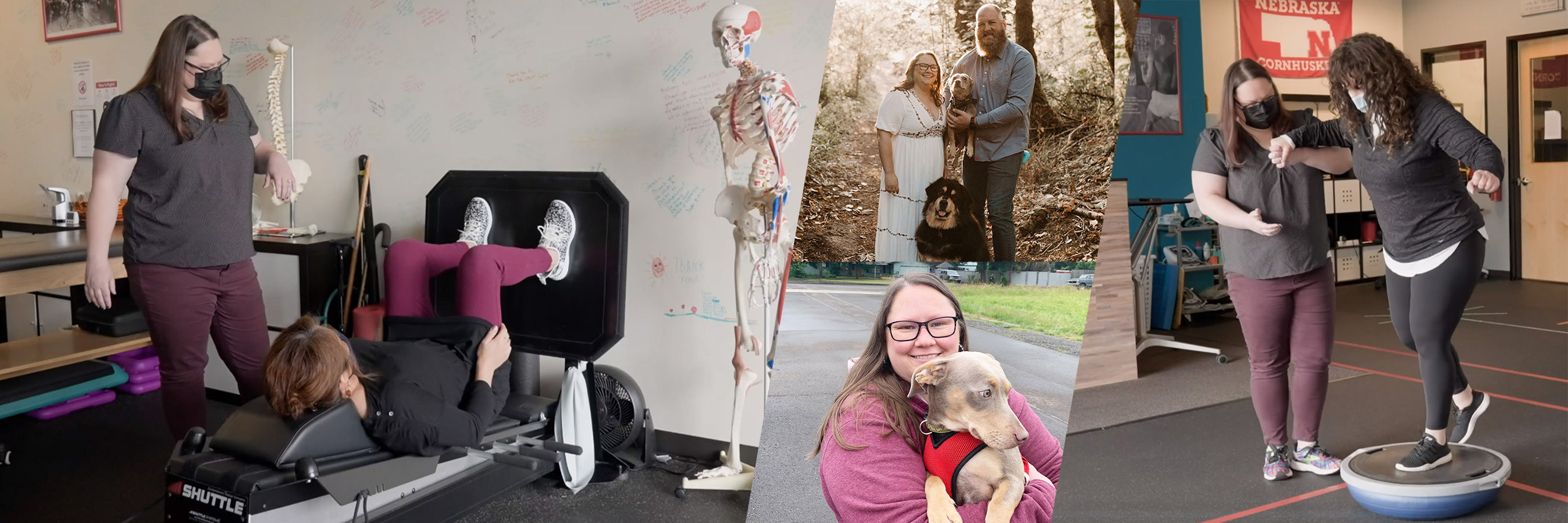collage of Sarah Borquist (Macomber) professional physical therapist, wife and dog lover