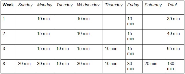 Table of sample moderate intensity aerobic exercise program