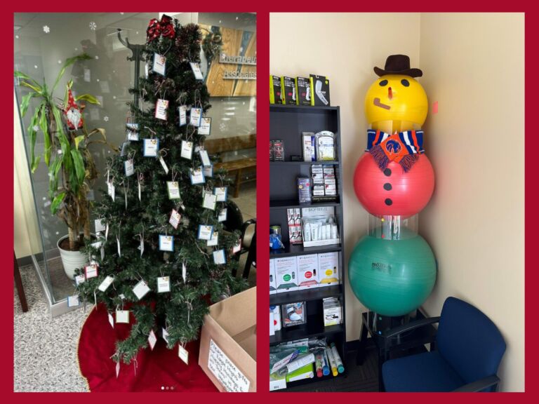 Therapeutic Associates giving tree and exercise ball snowman