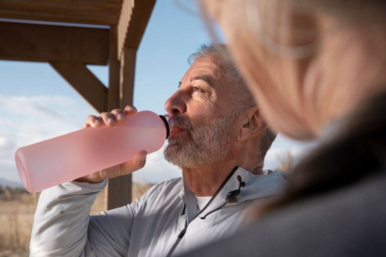 older man drinks from a pink water bottle