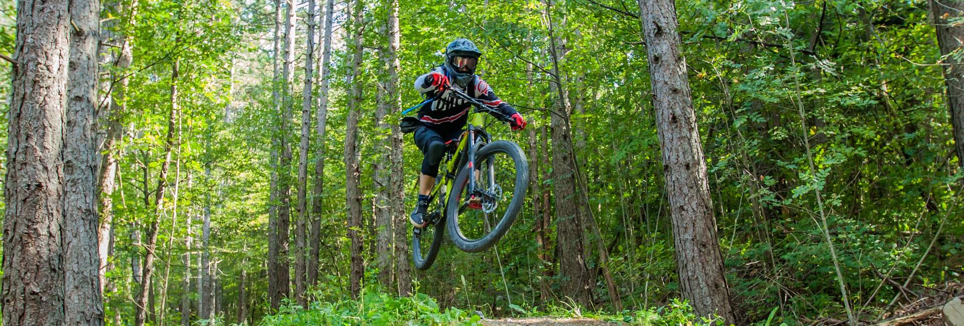 extreme mountain biker catches air on a trail in the woods