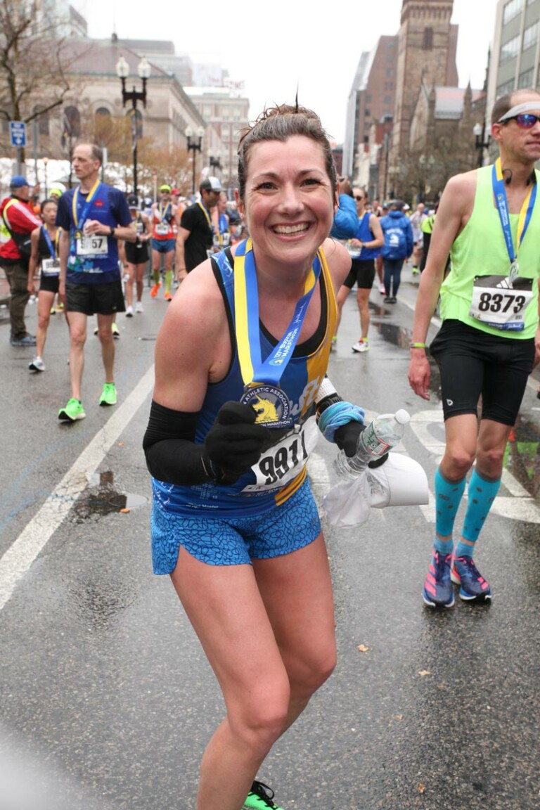 Physical Therapist Jessica Dorrington after she crossed the finish line at the Boston Marathon in April 2023.
