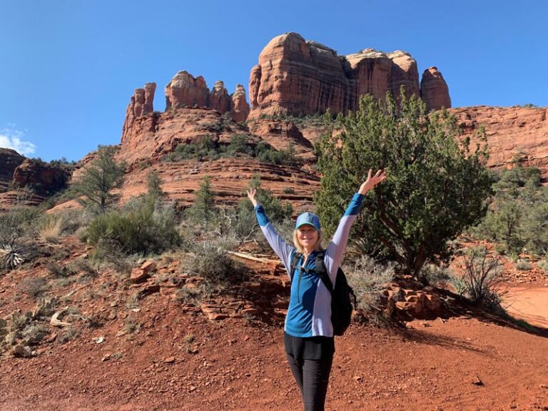 physical therapy patient poses during a hike in Sedona, a photo she sent to her PT Laura Cooper, the expert who helped her through post-mastectomy rehab.
