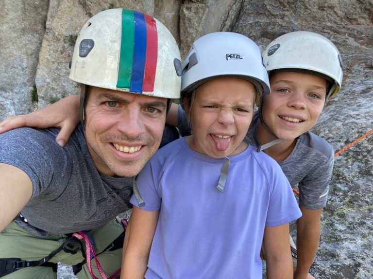 physical therapist Brian Weiderman and his kids take a selfie during a rock climbing exursion