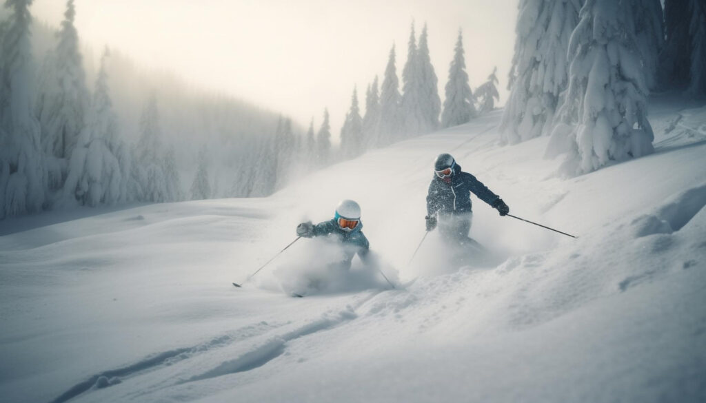 two skiers enjoys deep powder turns skiing in the Pacific Northwest