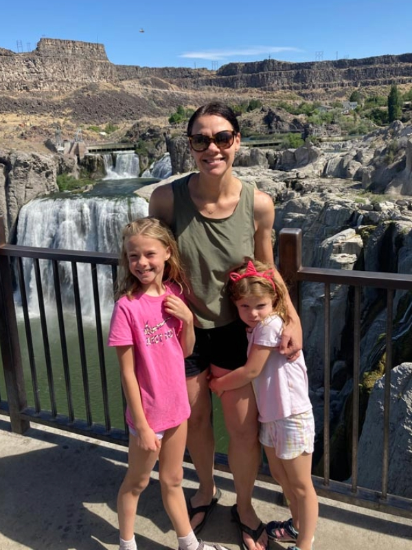 physical therapist Mindy English enjoys an adventure with her family, taking in the view of a beautiful waterfall