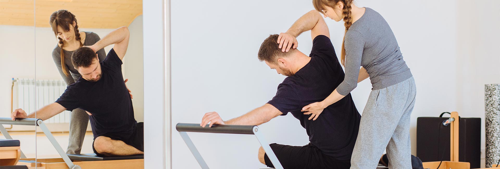 A physical therapist works with a patient on exercises for posture, neck pain and back pain.