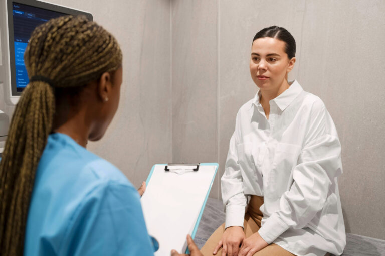 a medical professional gathers information from a patient in a private treatment room